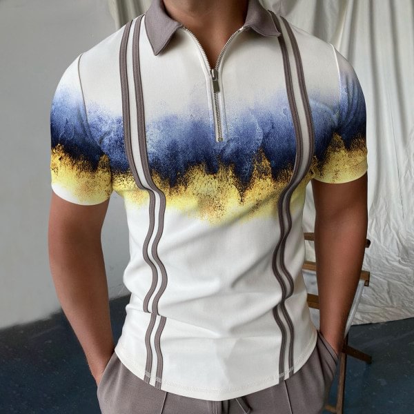 Men's casual blue quicksand printed short-sleeve polo shirt