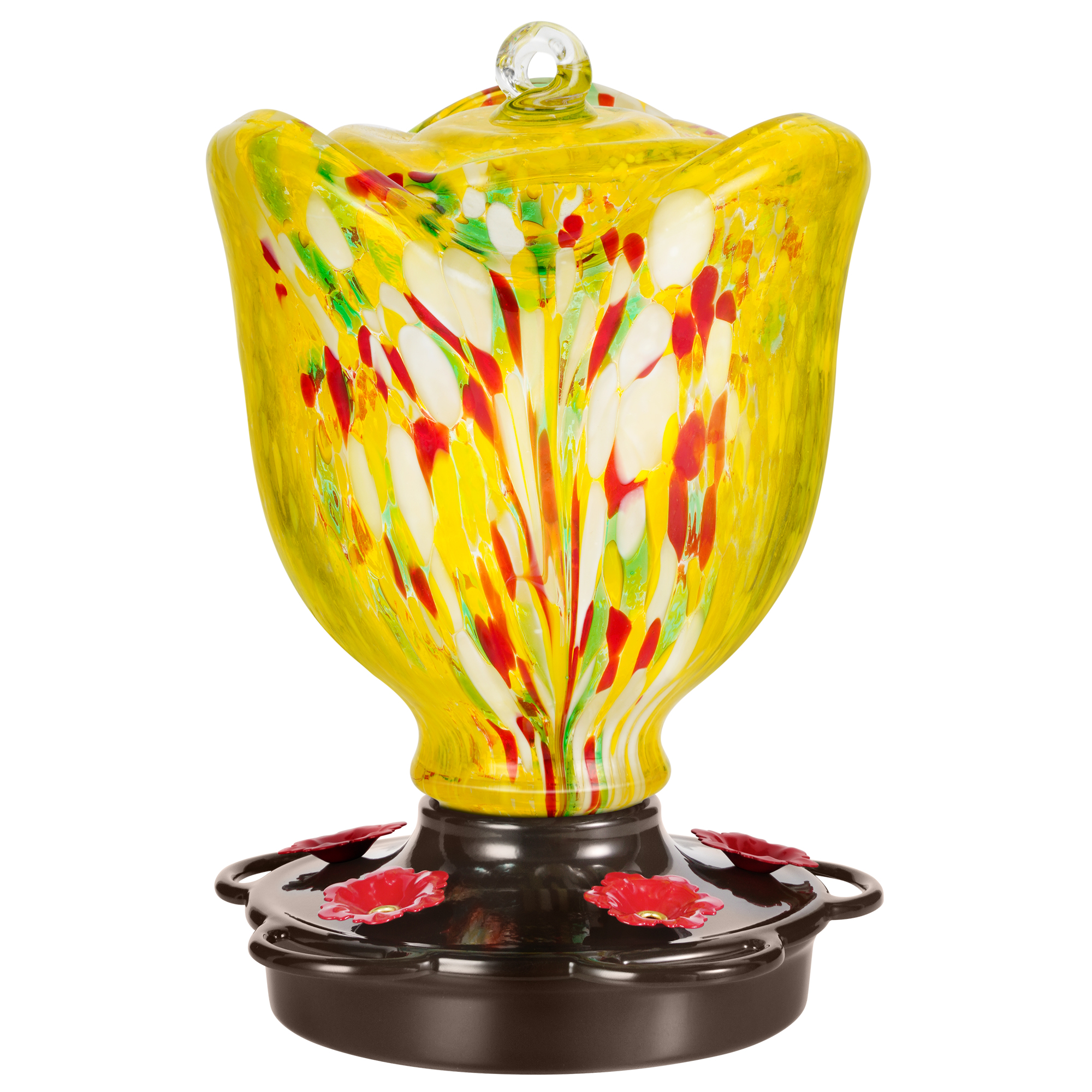 LUJOIN Rose Shaped Hummingbird Feeder for Outdoors, Hand Blown Glass 25 fl.oz, Leak Proof & Rustproof, Includes an Ant Moat S Hook, Metal Cover with 5 Feeding Ports, Yellow