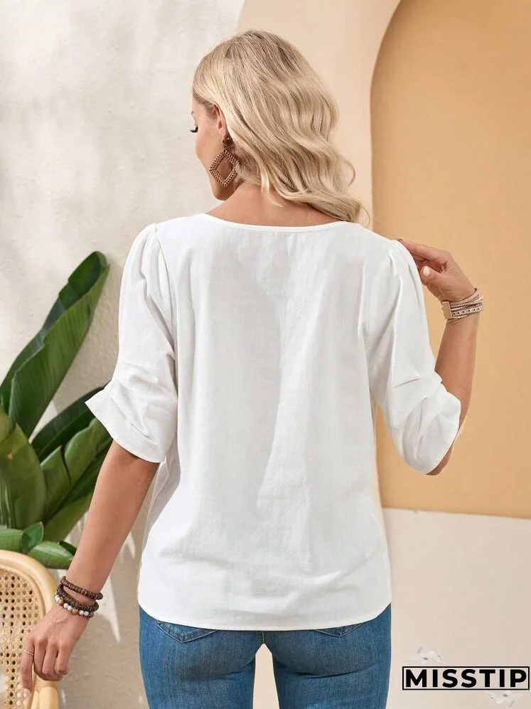 Women's Solid Color Notched V Neck Ruffle Blouse