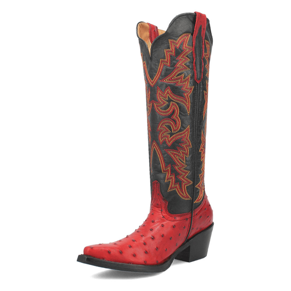 Red & Black Snip Toe Embroidered Knee High Western Boots for Women