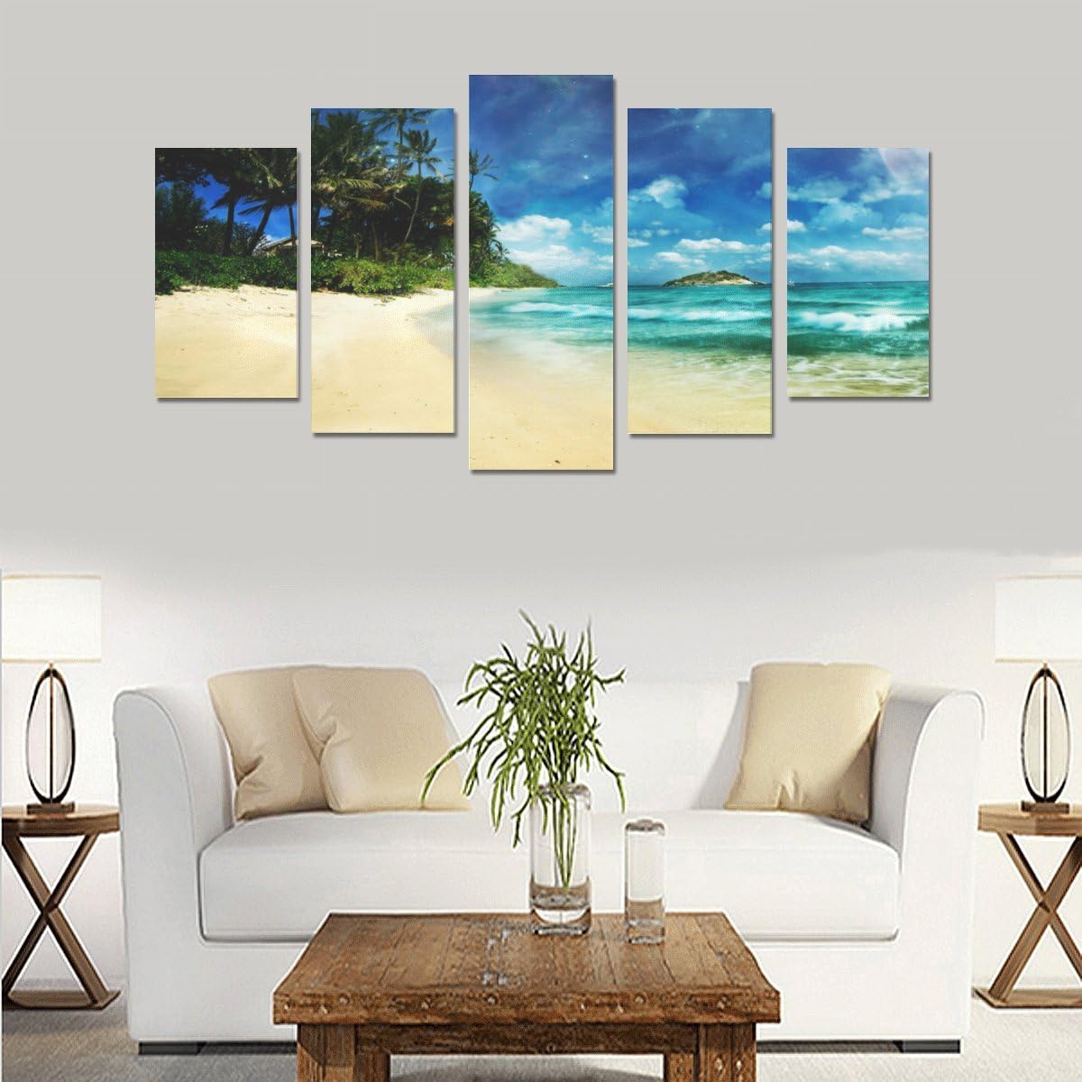 Exquisite Print Beach Ocean Pattern Canvas Wall Art Prints for Corridor Office Living Room Bedroom Home Decorations (No Frame) 5-Pieces - Ready for framing