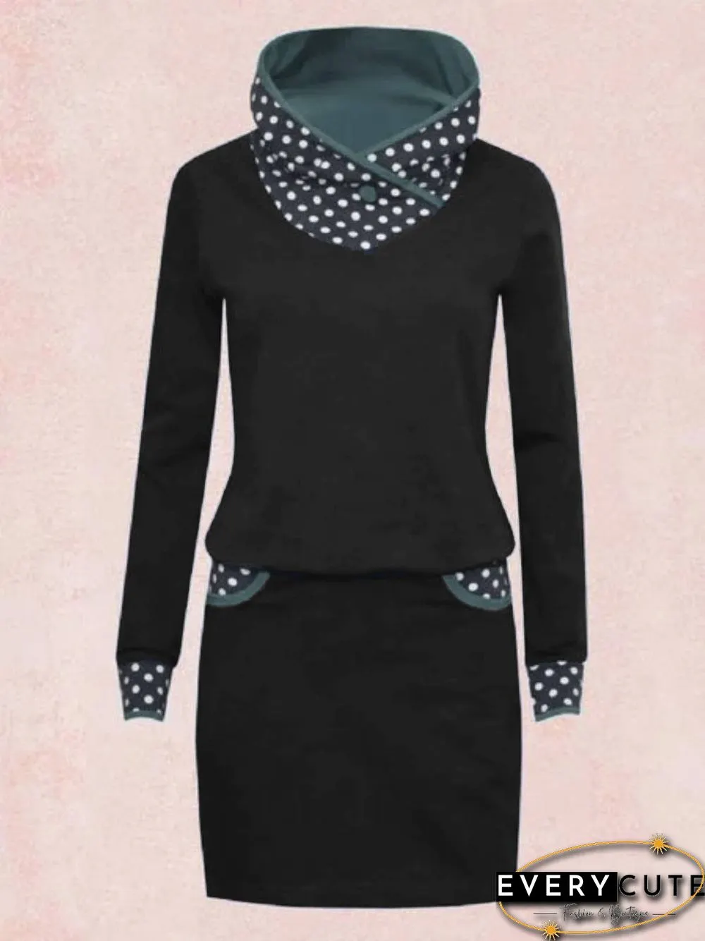 Deep Blue Long Sleeve Polka Dots Turtleneck Knitting Dress