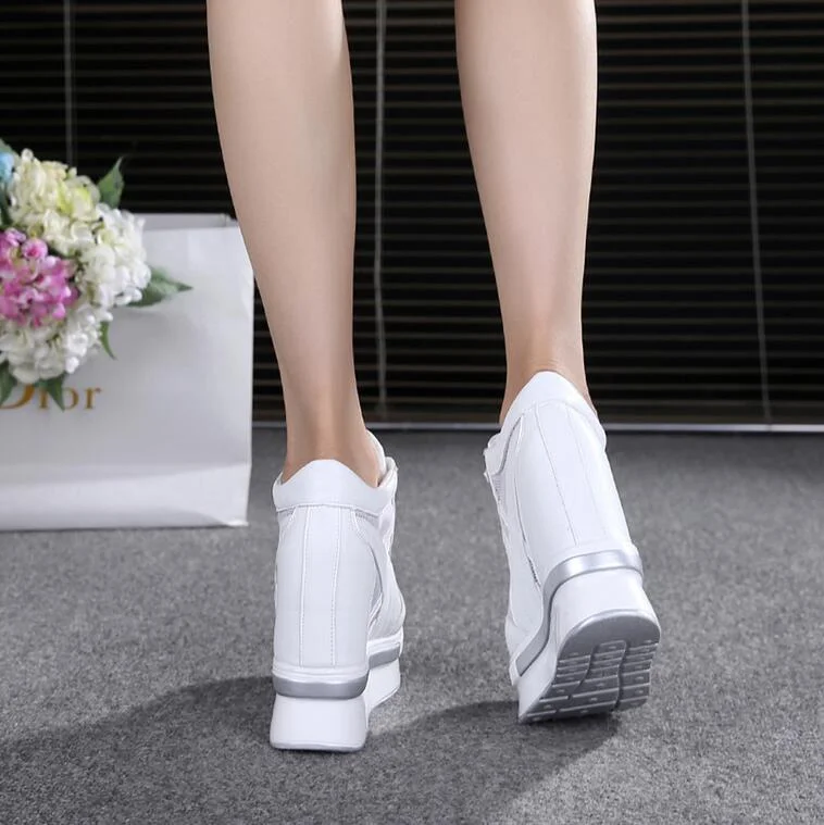 NEW Brand Women Mesh Platform Sneakers Trainers White Shoes 10CM High Heels Wedges Outdoor Shoes Breathable Casual Shoes Woman