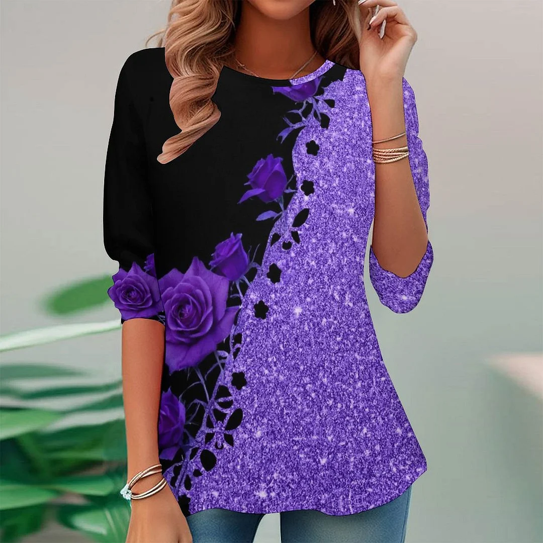 Vintage Printed Long Sleeve Plus Size Tunic for  Women and Men Unisex Pattern Purple,Floral,Glitter