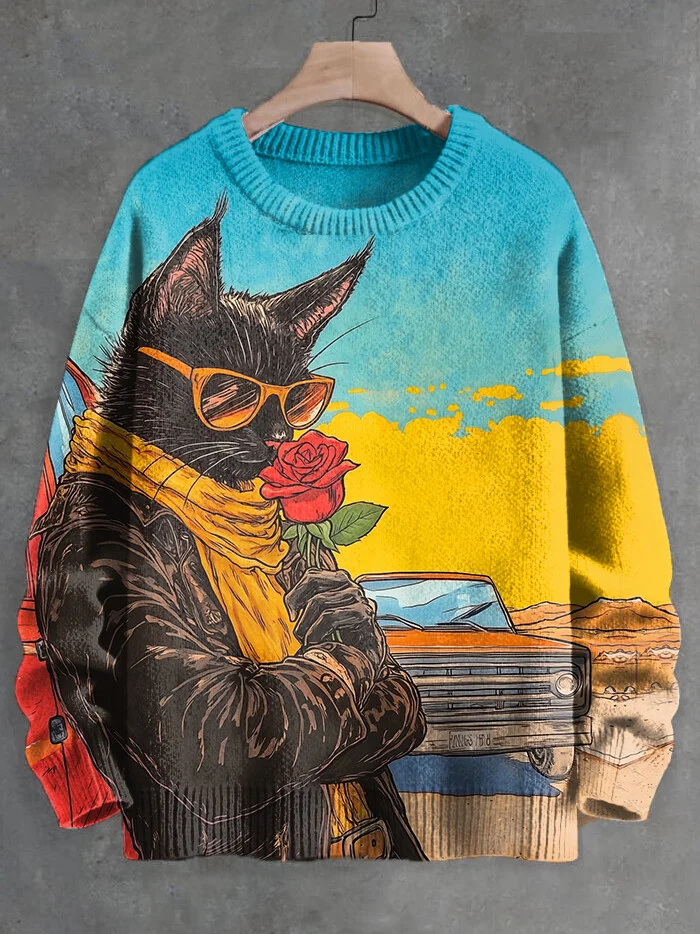 Men's The Western Black Cat Holding A Red Rose Print Knit Sweatshirt