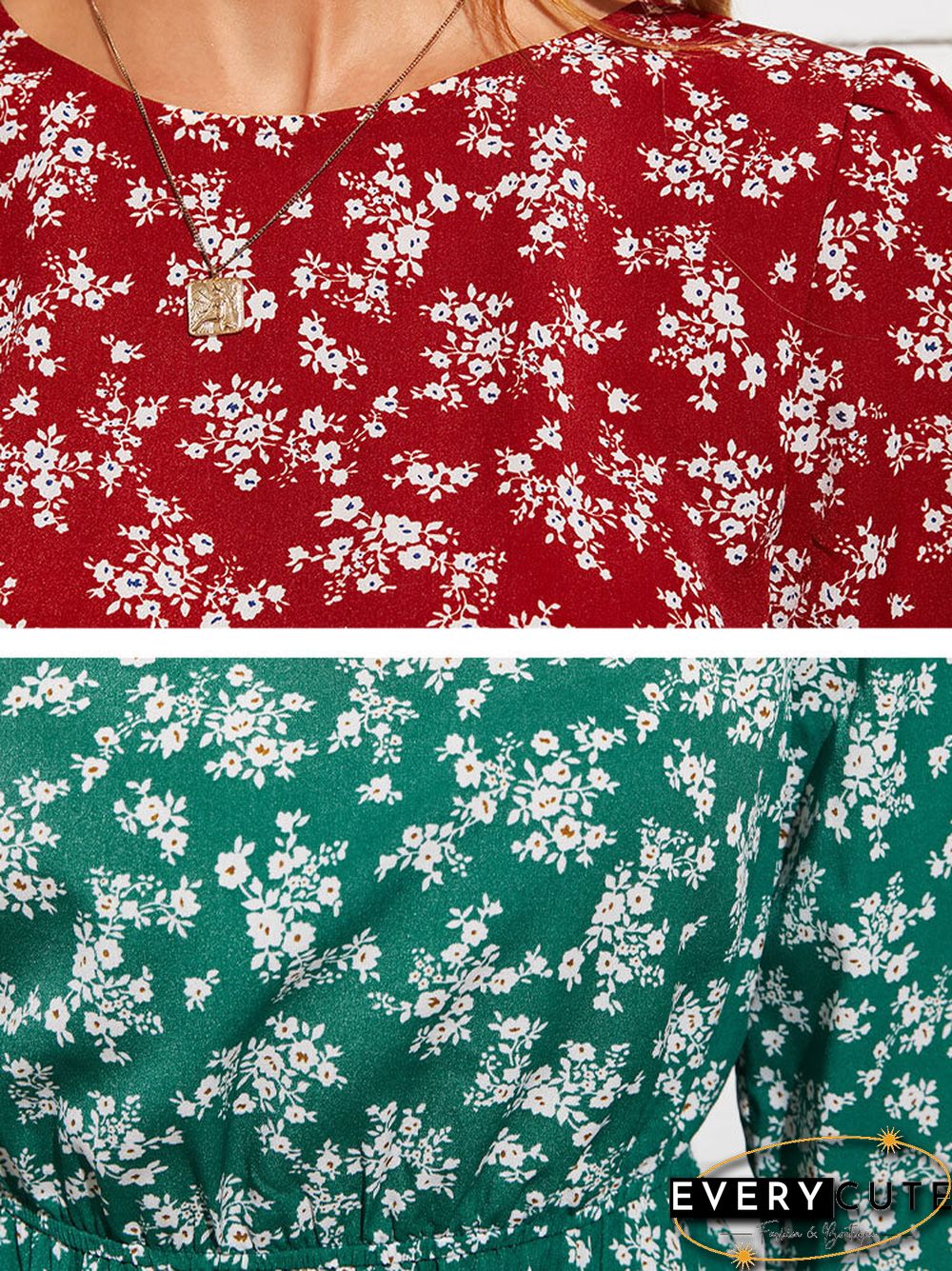 Floral Print Long Sleeve Elastic Waist Crew Neck Dress