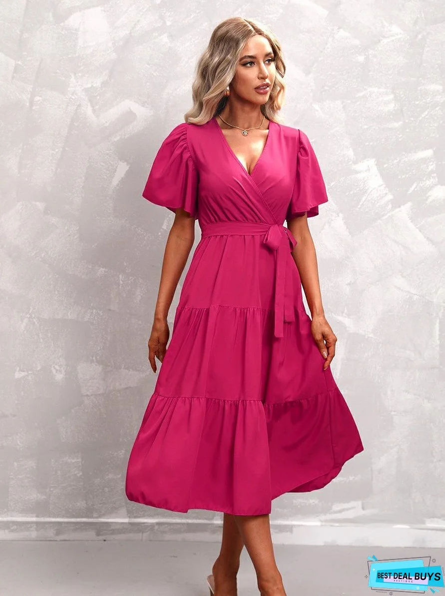 Solid Color Belted Short Sleeves Dress