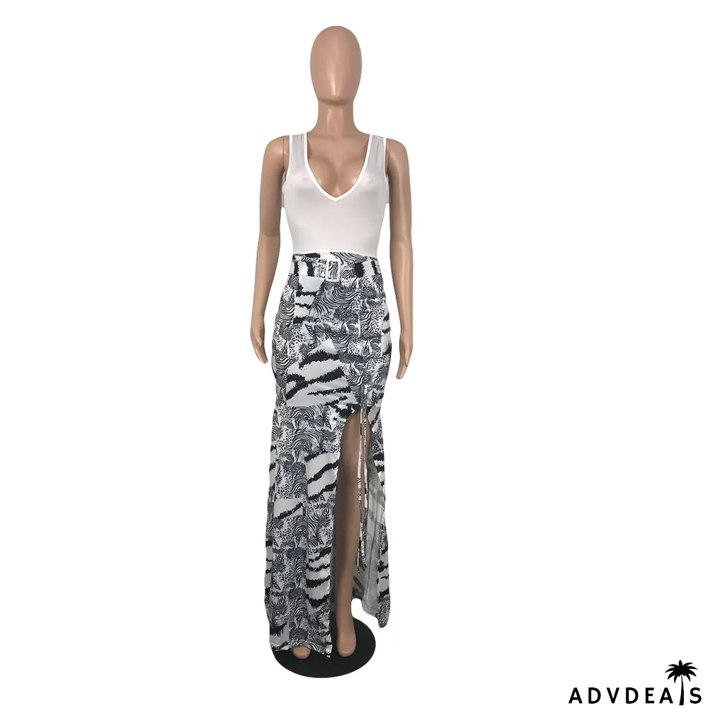 Women Summer Sleeveless V-Neck Print Pleated Dress