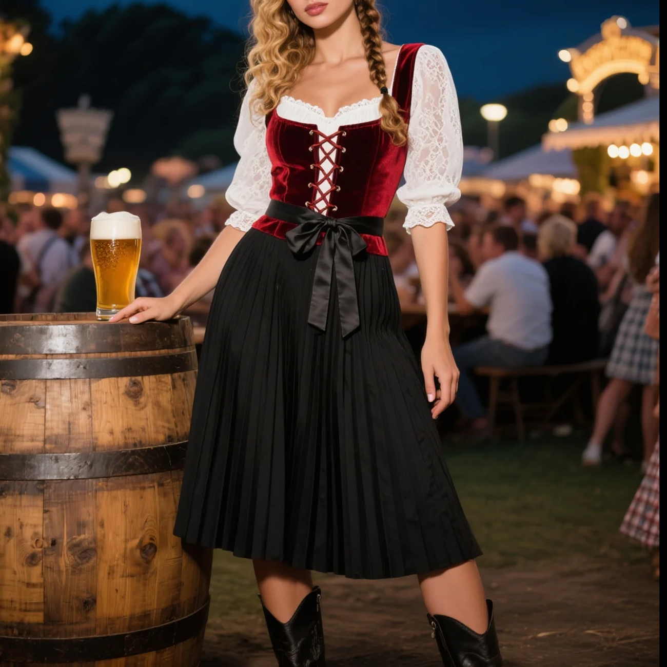 Vintage Dress Suit With Lace Inner Wear, Velvet Drawstring Vest, Pleated Skirt Suit, Beer Festival Dress
