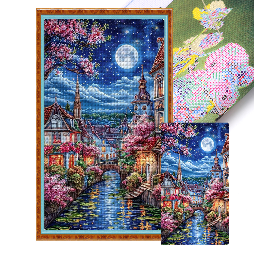 Colorful House Under The Moon Full 14CT Pre-stamped Canvas(40*70cm) Cross Stitch