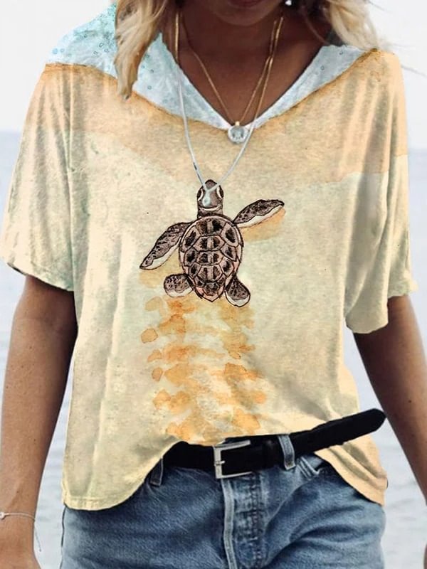 V-Neck Turtle Print T-Shirt