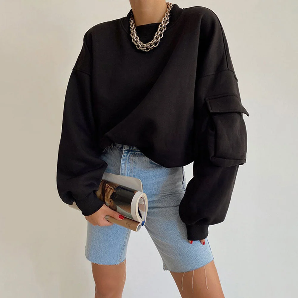 Smiledeer Women's fashion solid color fleece round neck pocket sweater