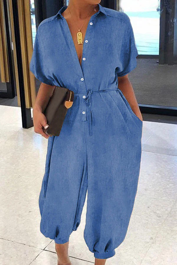 Solid Color Boyish Single Breasted Demin Jumpsuit