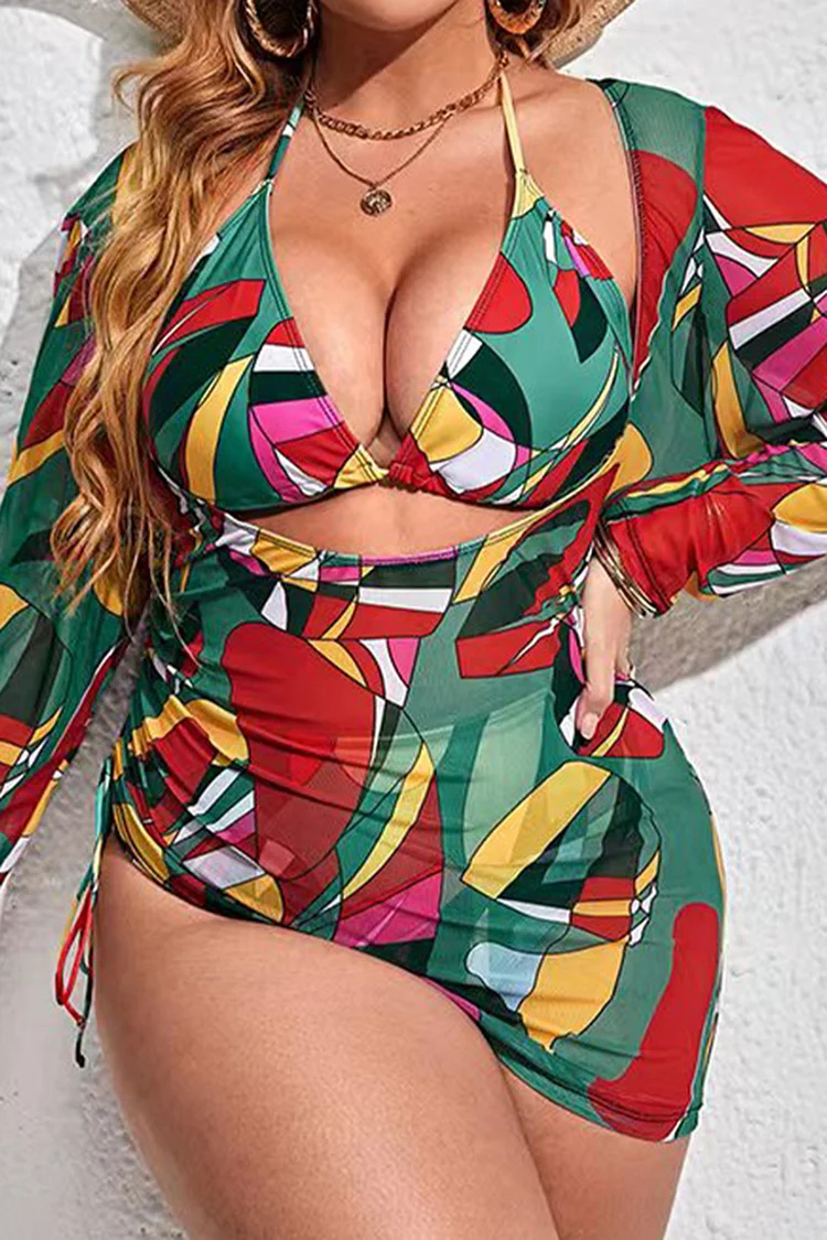Plus Size Vacation Red Geometric Print Cover Up Bikini Sets 2024 - Xpluswear