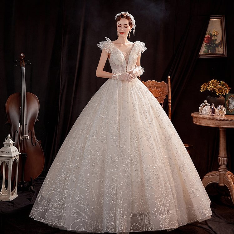 Women's Evening Dress Ball Gown Princess Quinceanera Wedding Dresses Off-Shoulder Starry Sky Puffy Wedding Dress