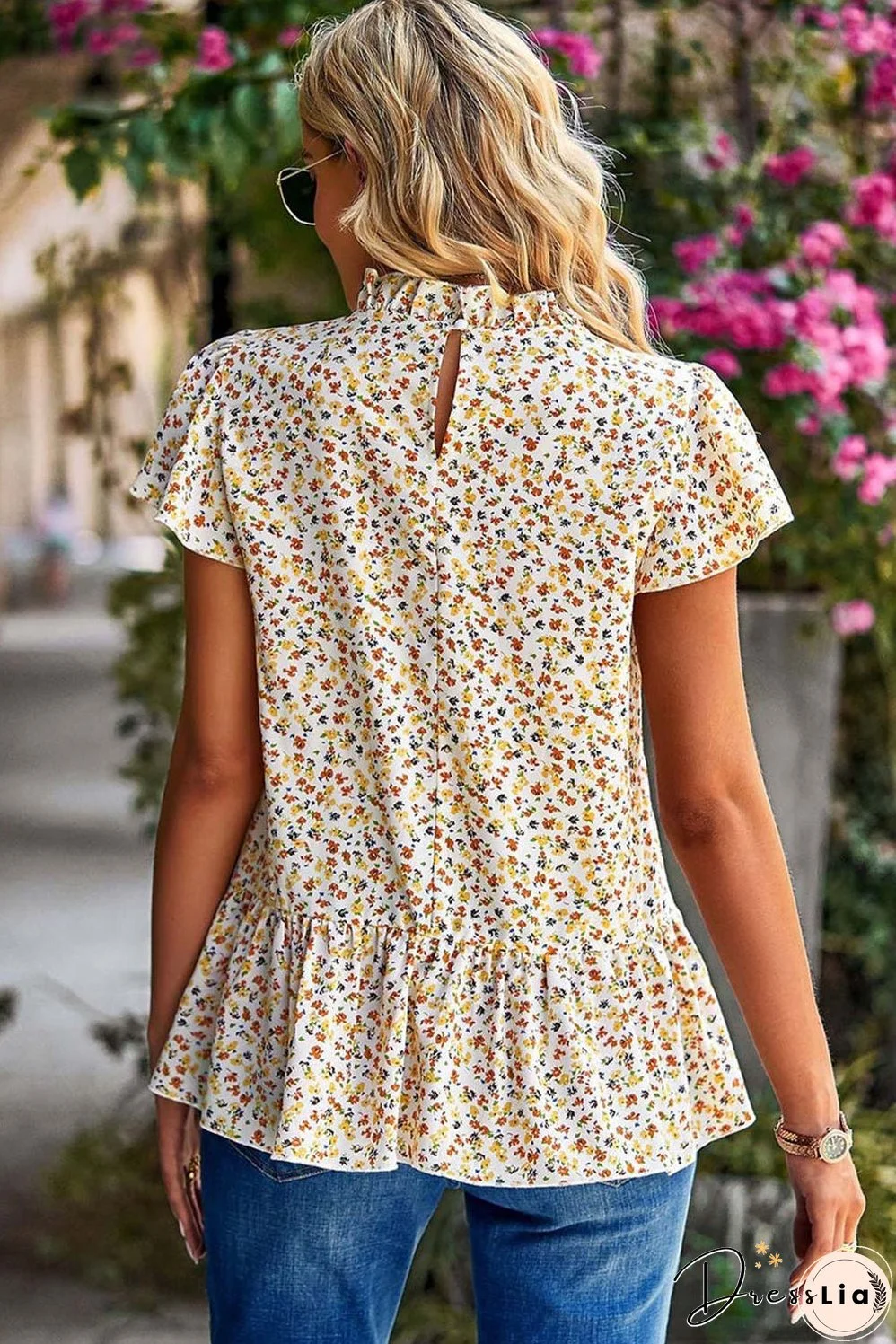 Boho Chic Beige Floral Ruffle Trim Short Sleeve Top