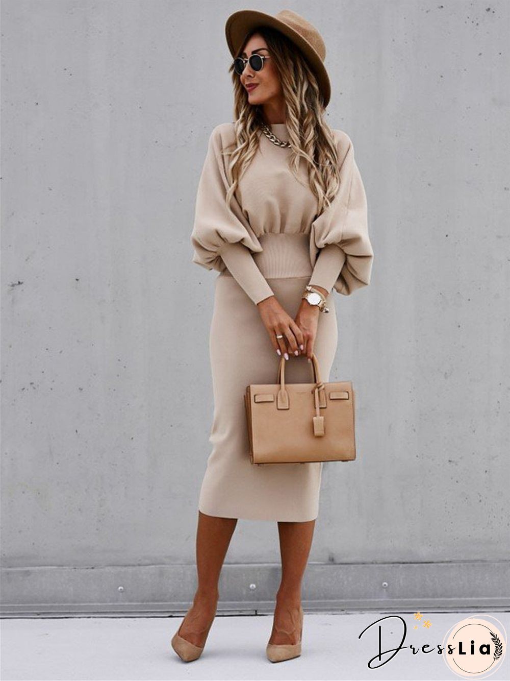 Long Sleeve Bodycon Solid Color Midi Dress
