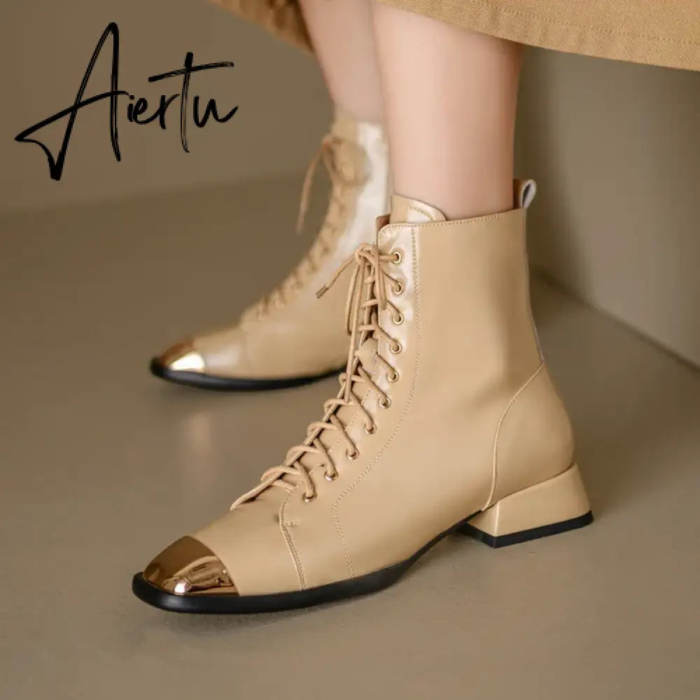 New Autumn winter Women ankle boots natural leather 22-25cm cowhide upper modern boots lace up metal toe short boots Aiertu