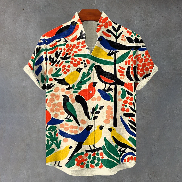 Simpfit Herren Vintage Boho Bunte Vögel Abstrakte Kunst Nachahmung aus Nachahmung aus Baumwolle und Leinen Gemütliches Hemd