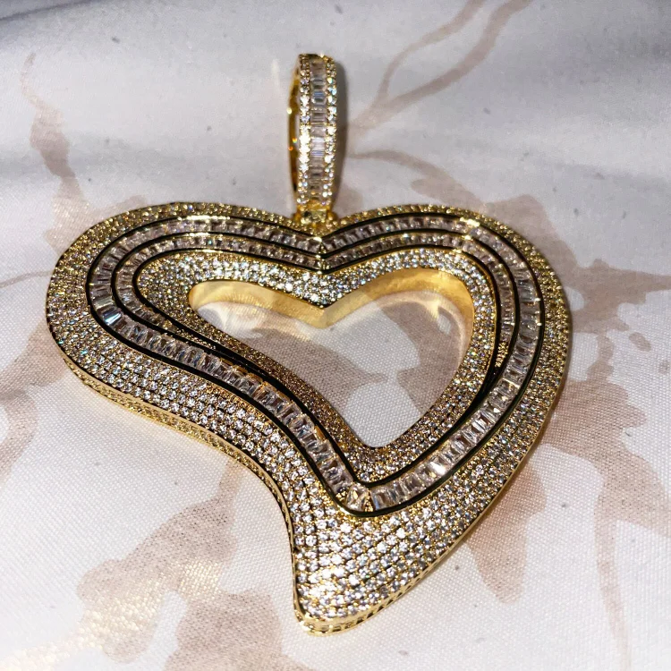 Iced Out Baguette Big Hollow Heart Pendant Necklace-VESSFUL