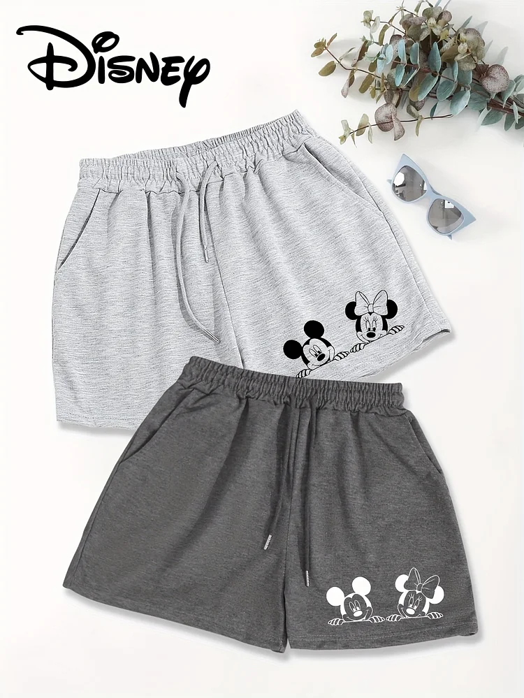 2pcs Women's Slant Pocket Drawstring Shorts - Casual Spring & Summer Wear, Gray With Mickey Mouse Design, Elastic Waistband & Drawstring Closure, Polyester Fabric, Perfect For Casual Attire, Casual Attire Shorts | Relaxed Fit Shorts | Drawstring Short