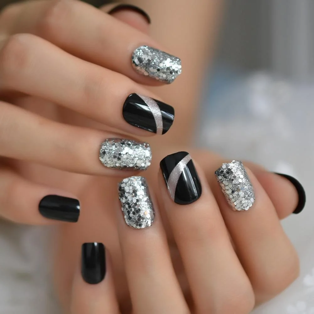 Rough Silver Glitter Faux Ongles Short Black Nails Fake Bling Lady Artificial Acrylic Nail Tips for Fingers 1014-1