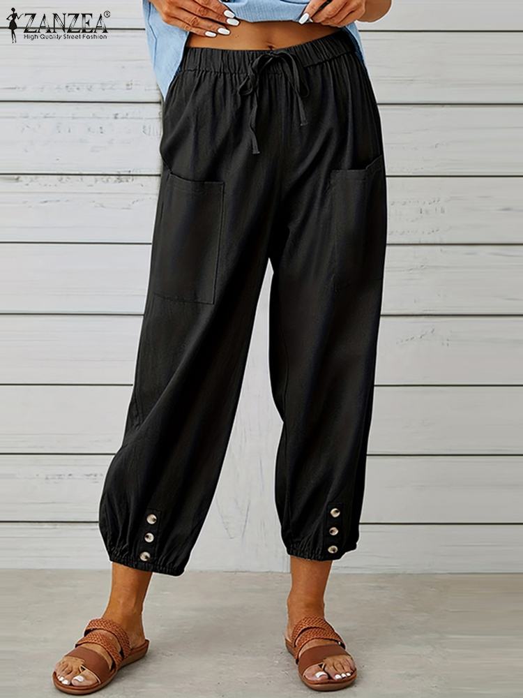 2024 ZANZEA Pants Summer Vintage Harem Pant Elastic High Waist Trousers Elegant Solid Long Pantalon Holiday Work Palazzo