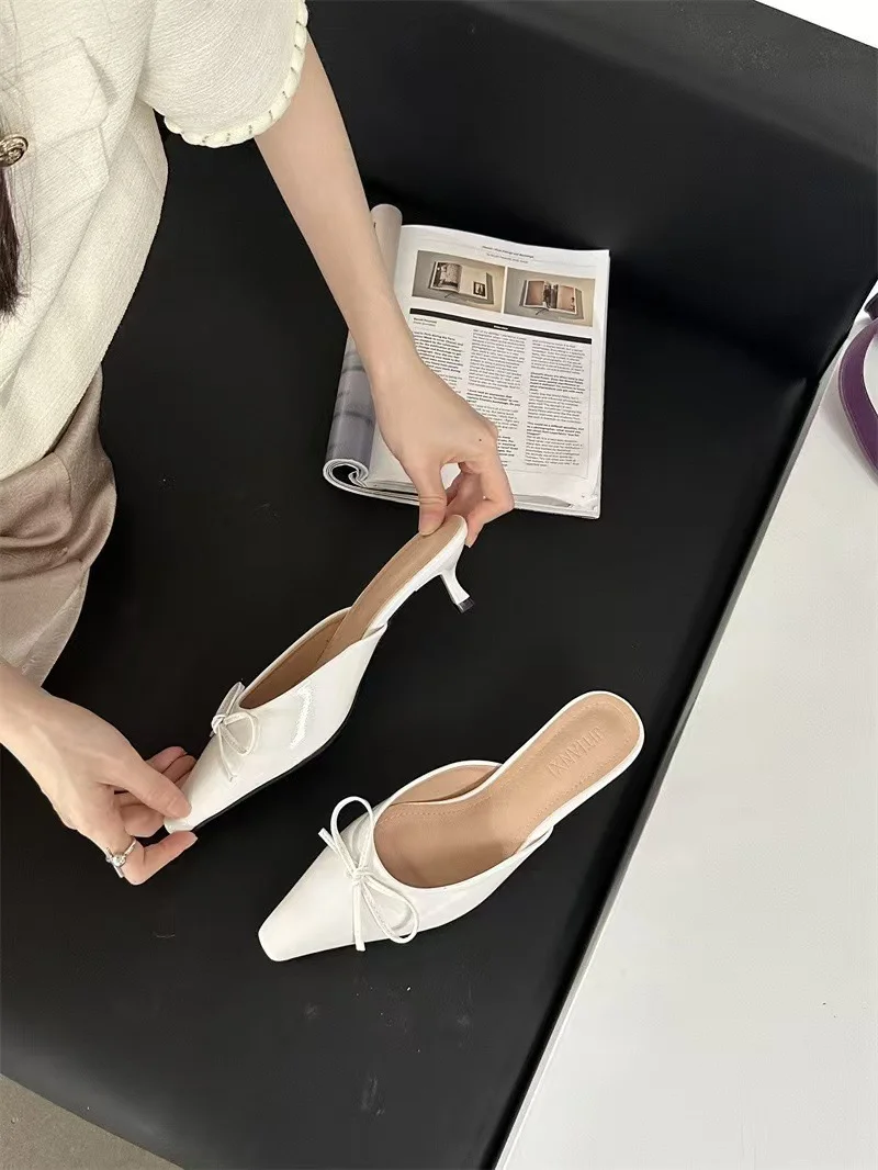 Breakj Breakj The Summer Of 2025, The New Bow In The Fine Heel Muller Shoes Half Slippers Women's Large-Size High-Heeled Single-Shoe Sand Slippers