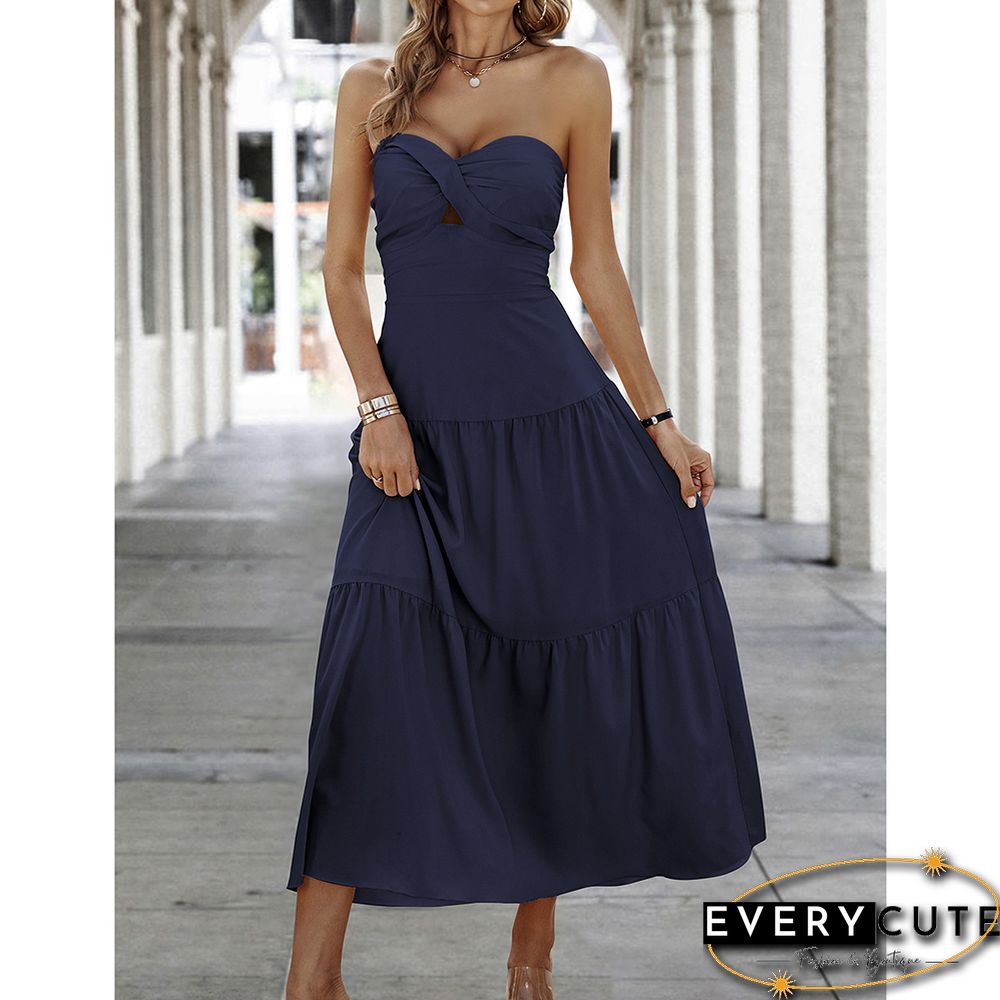 Navy Blue Twisted Bandeau Ruched Swing Maxi Dress