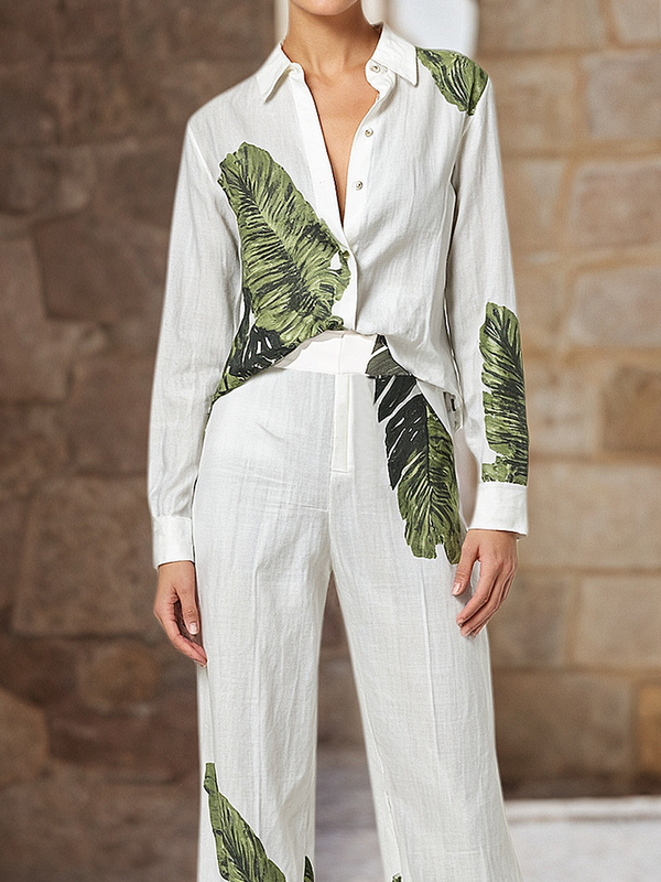 Leaves Print Buttoned Long Sleeves Lapel Blouses&Shirts Tops WHITE-2XL