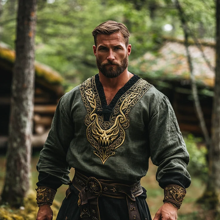 Men's Vintage Viking Dragon With Celtic Knot  Pattern Cotton And Linen Long Sleeve Shirt