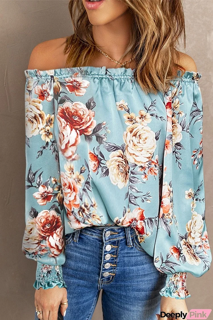 Floral Frill Trim Off-Shoulder Lantern Sleeve Blouse