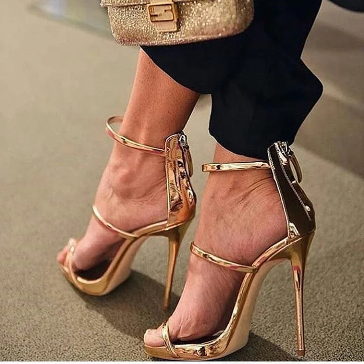 Gold Evening Shoes Stiletto Heel Strappy Sandals for Party |FSJ Shoes