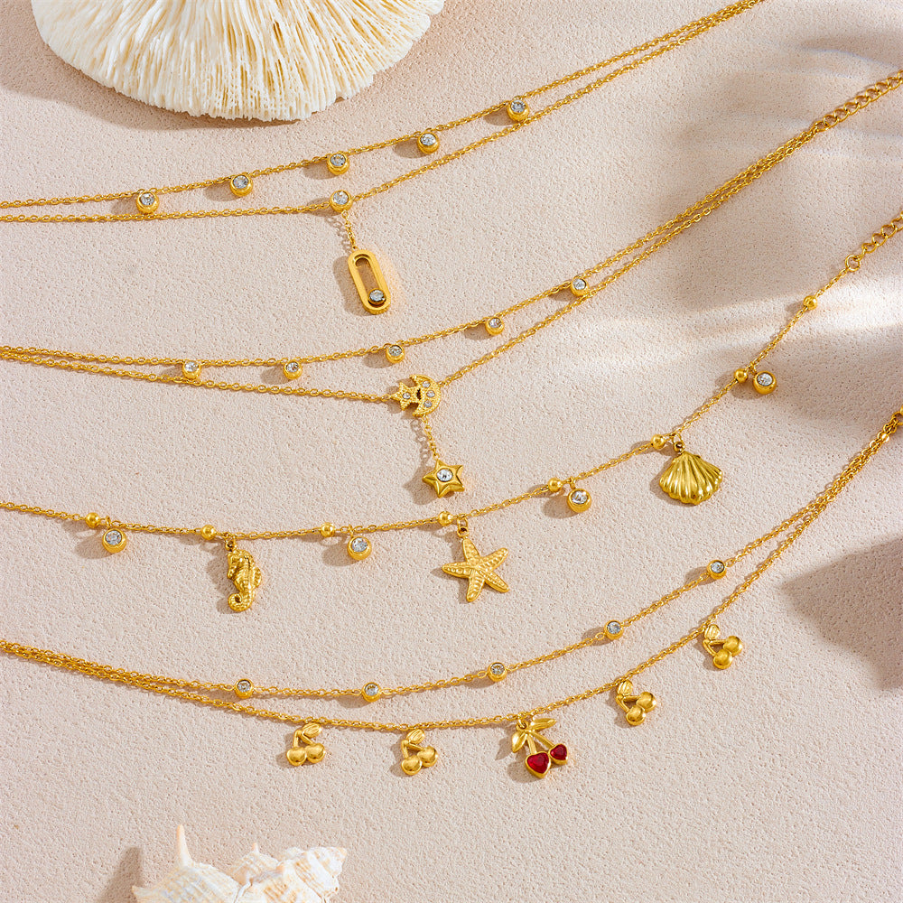 Korean Style Fashion Stacking Double Chain Diamond Cherry Starfish Flower Star Moon Pendant Stainless Steel Anklet Female