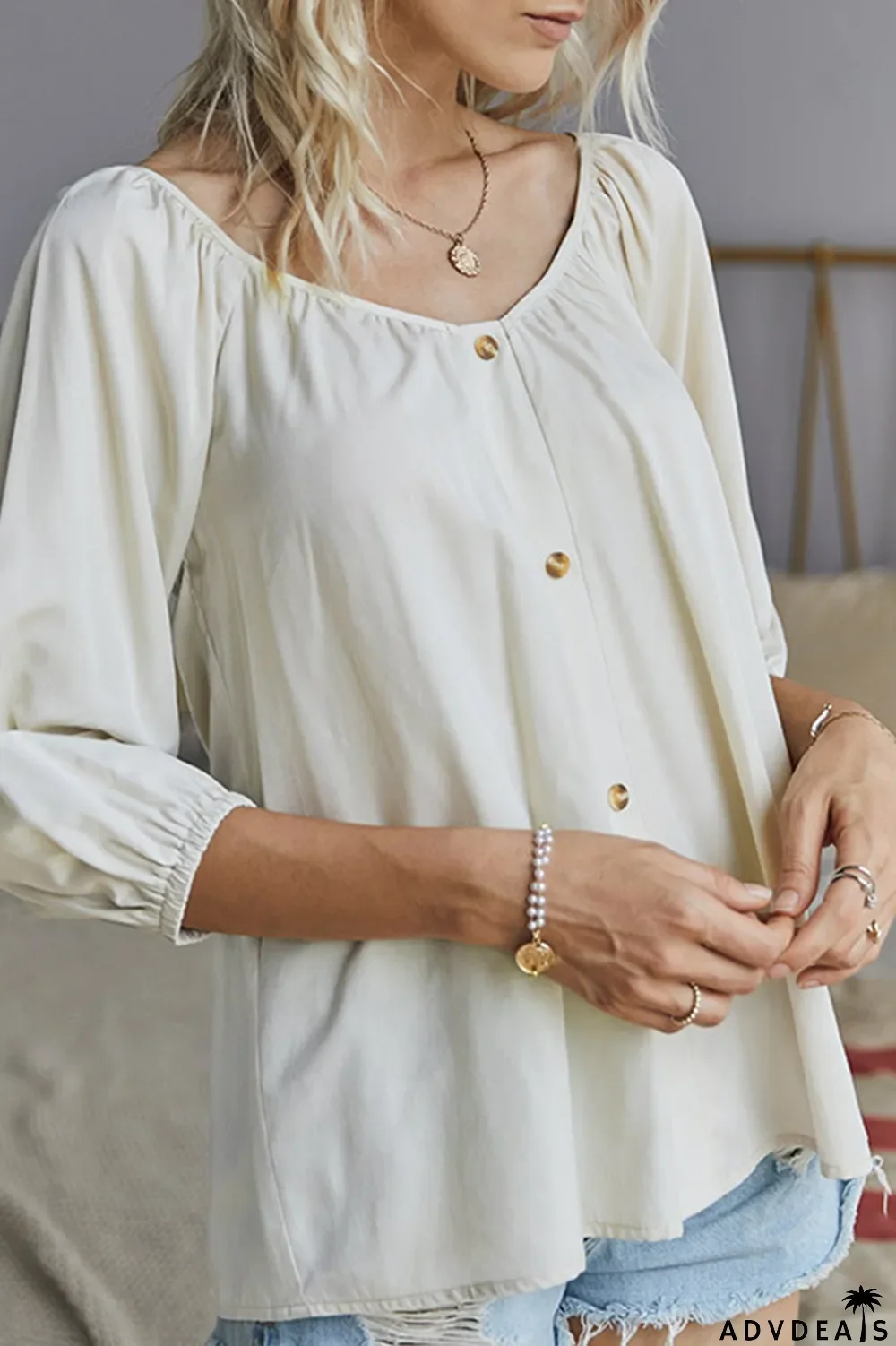 Elegant Solid Buckle V Neck Tops