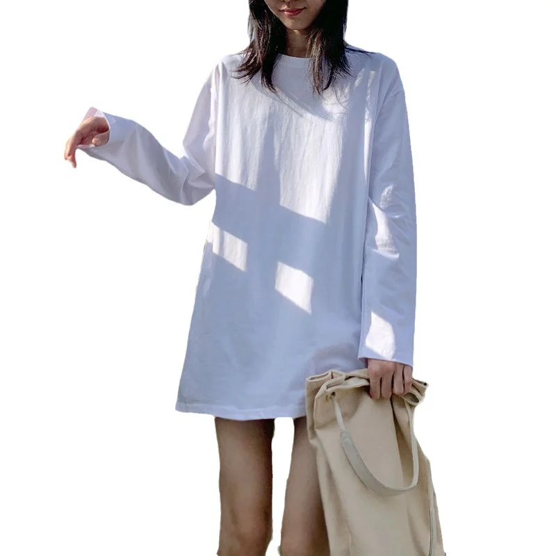 Toloer Toloer Long White Solid Color Outside Wear Long Sleeve Bottom T-Shirt Hoodie Lining Fold Wear Autumn Woman Loose-Outfit Ideas