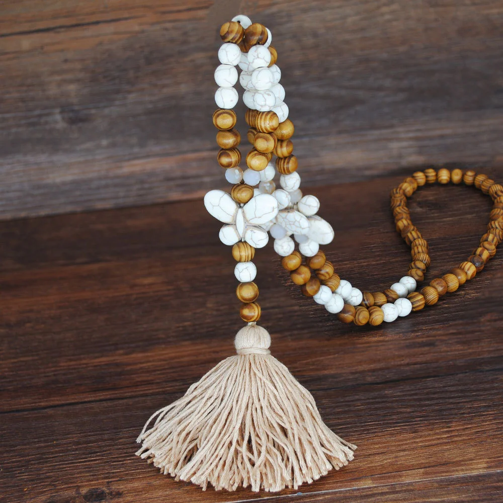 Women's Vintage Boho Wood Beads Tassel Necklace