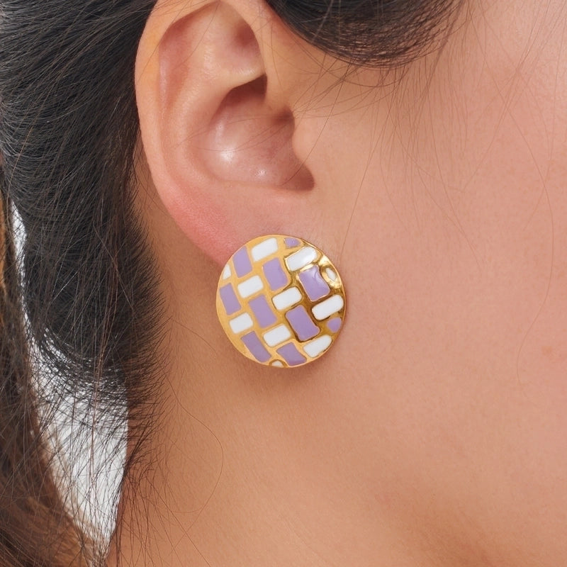 1 Pair IG Style Minimalist Round Plaid Enamel 304 Stainless Steel 18K Gold Plated Ear Studs