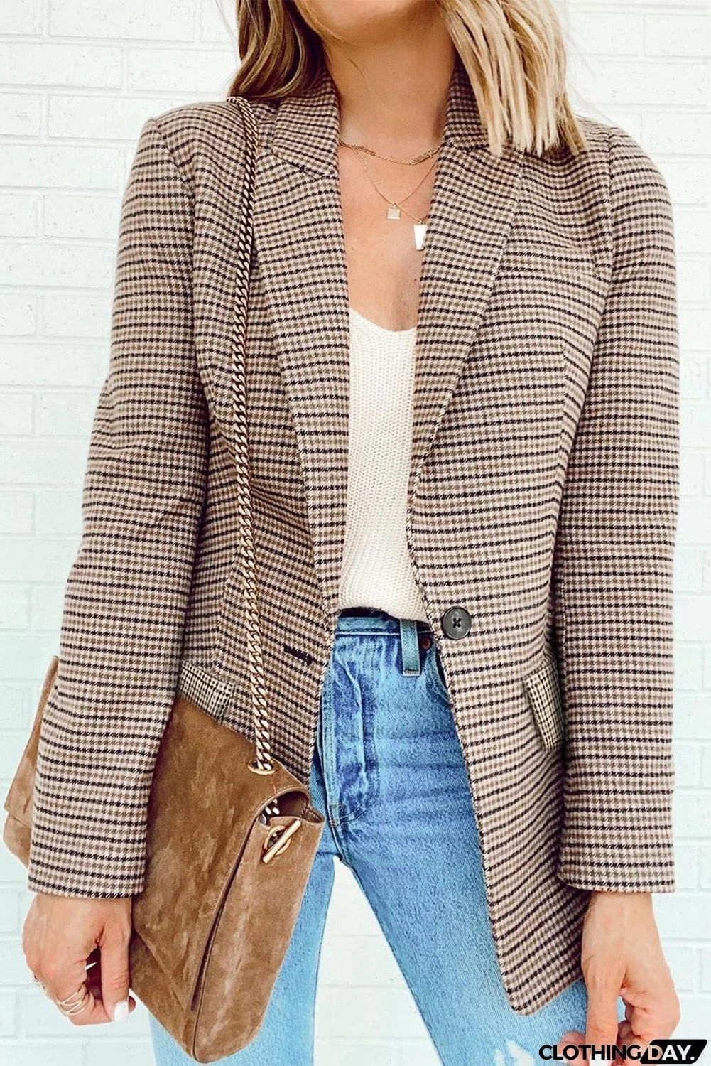 Plaid Print Lapel Collar Buttoned Blazer
