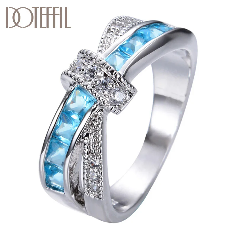 DOTEFFIL 925 Sterling Silver AAA Zircon Sky Blue/Red/Pink Six Colors Crystal Ring For Women Jewelry