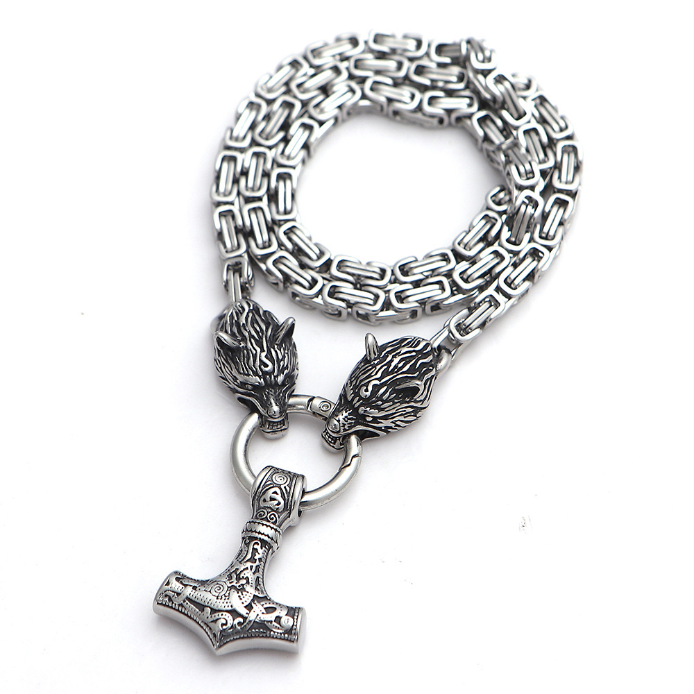 Nordic Culture Vintage Men's Necklace Viking Wolf Head Stainless Steel Pendant