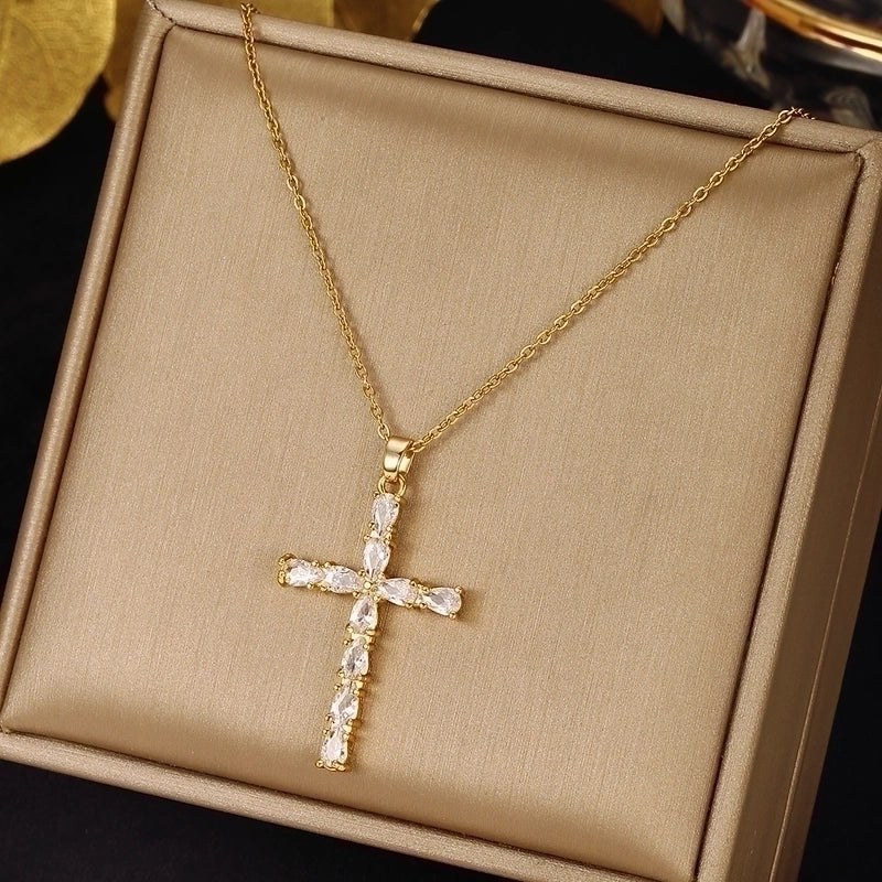 2 Pieces Ethnic Style Cross Stainless Steel Inlay Zircon Pendant Necklace