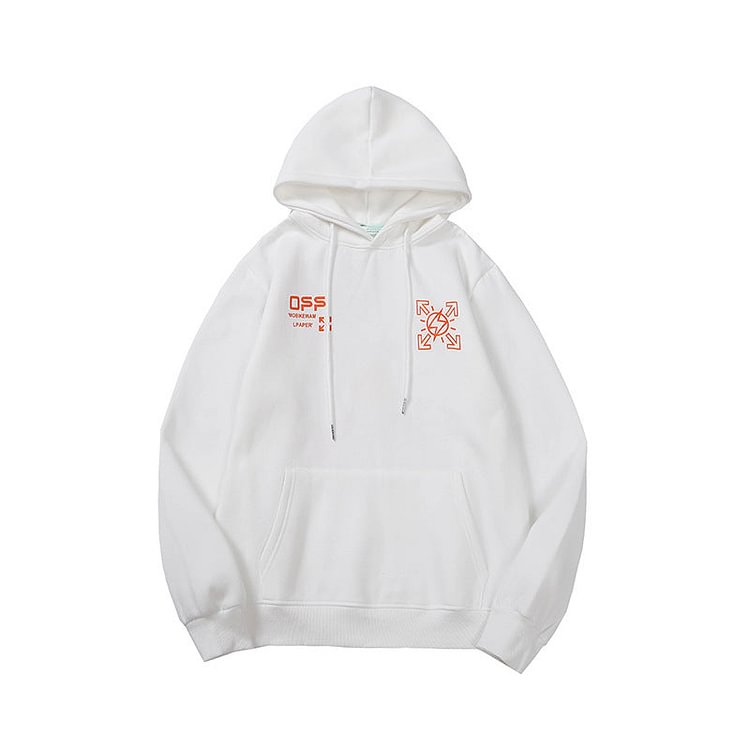 Off White Hoodie Autumn and Winter Joint Name Lightning Arrow Pattern Velvet Padded Hooded Sweatshirt Men and Women Same Style