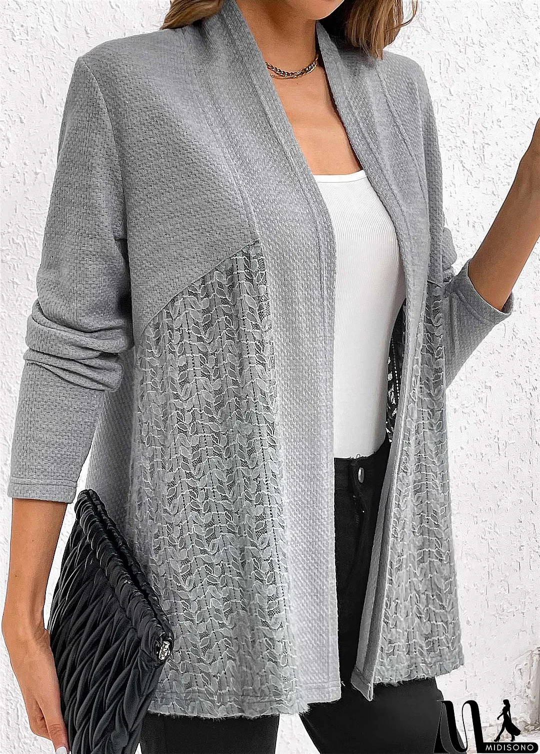 MidiSono - Plus Size Grey Patchwork Long Sleeve Cardigan