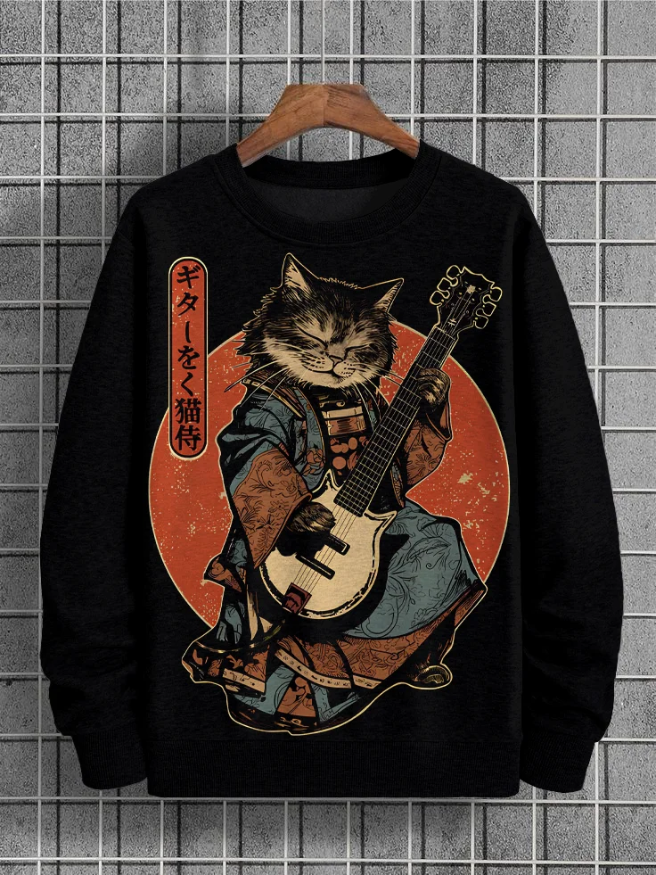 Men's Japan Art Cat Playing Guitar Illustration Print Casual Sweatshirt
