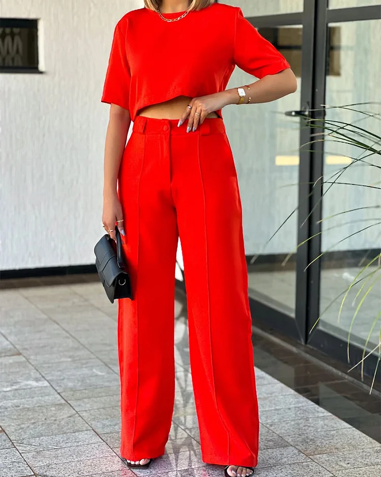 Round Neck Short Sleeve Top Trousers Solid Color Two-piece Suit 