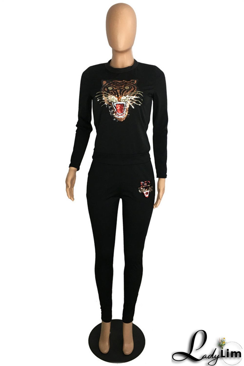 Black Fashion Casual Patchwork Sequins O Neck Long Sleeve Two Pieces