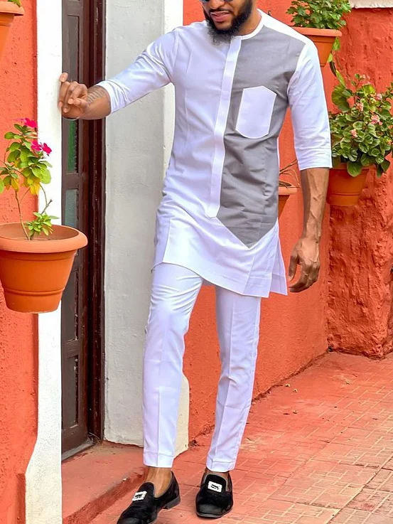 Men's casual white and grey printed long sleeve two-piece set