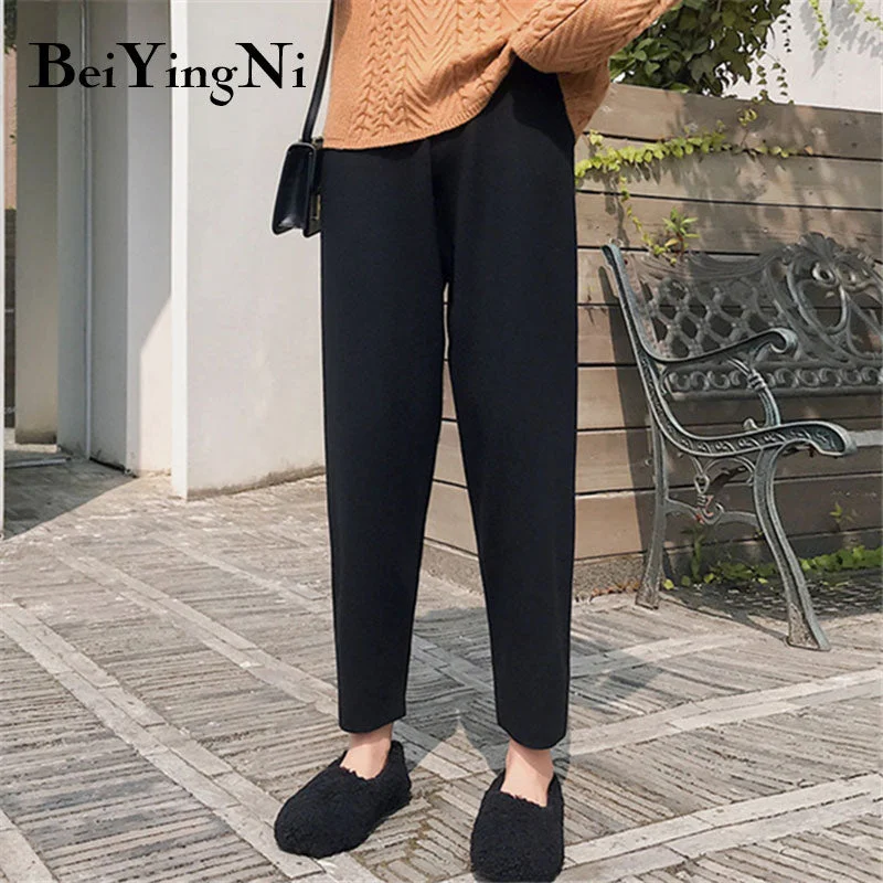 Beiyingni Women Pants Autumn Winter Thick Warm Knitted Elastic High Waist Harem Pants Female Casual Trousers Lady Sweatpants OL