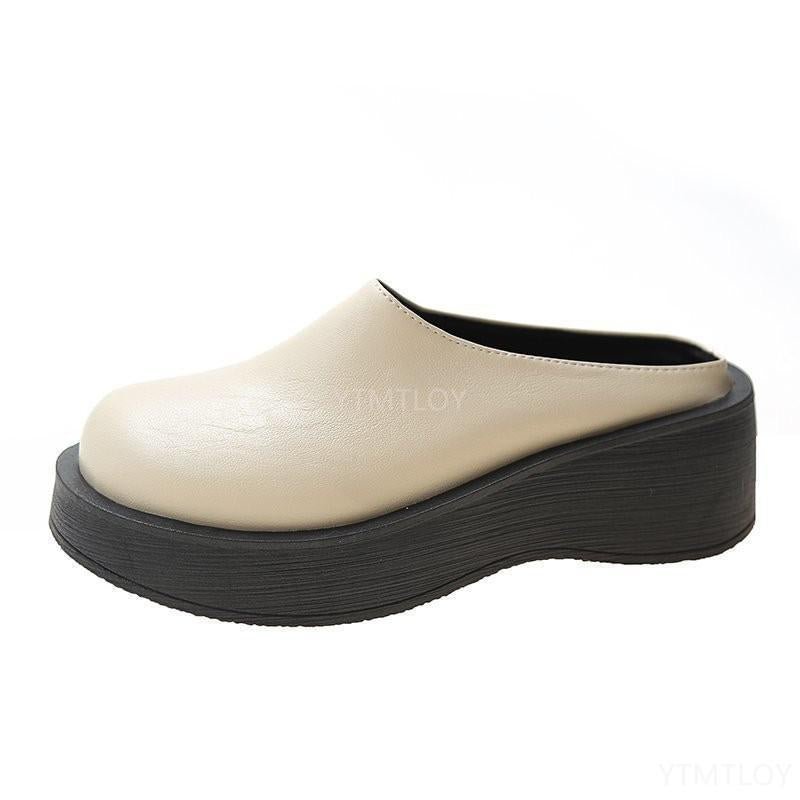 High-Heeled Shoes Lady Slippers Women Summer Platform Cover Toe Slides On Wedge Heels Rubber Pu Retro Zapatillas Mujer Casa